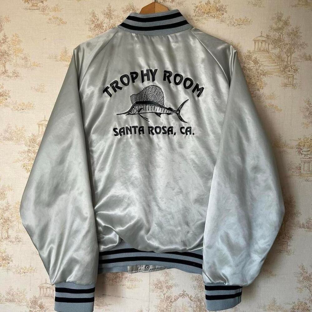 Vintage 80s Trophy Room Satin Bomber Jacket | Vintage Sailfish Marlin | Size XL